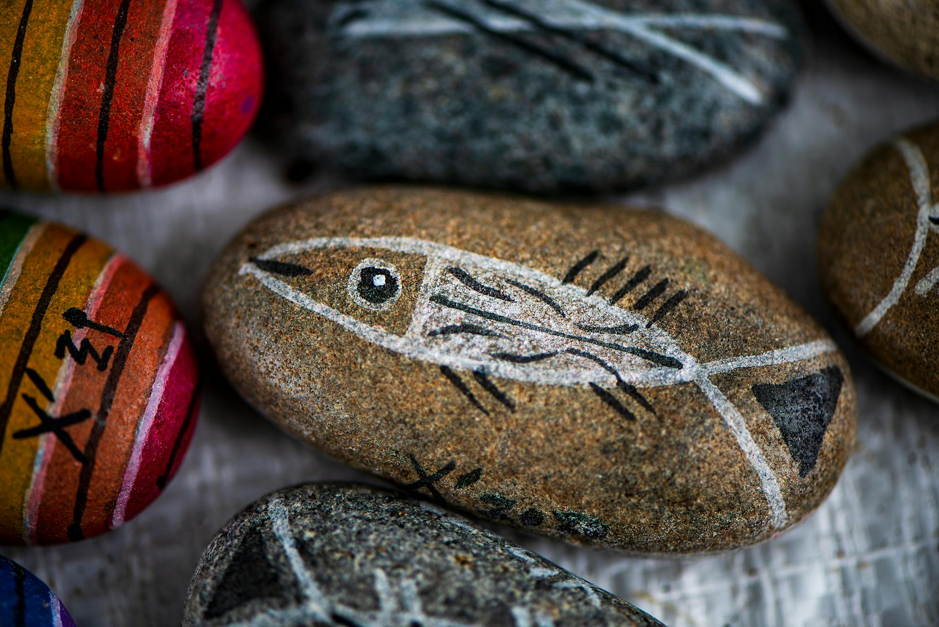 a painted stone in close up view
