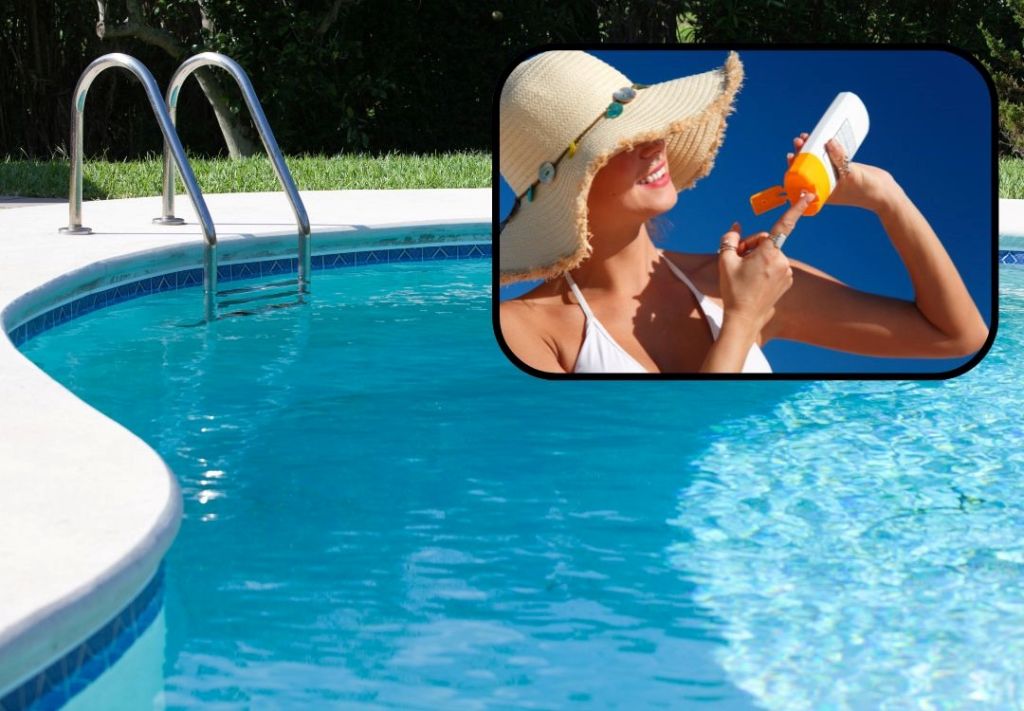 A swimming pool with a ladder and a woman in a sun hat applying sunscreen to her face.