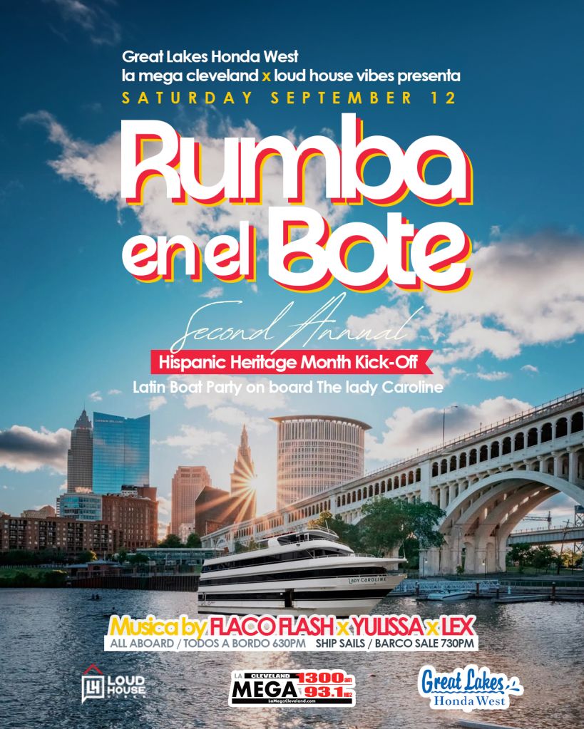 Cityscape of Cleveland, Ohio with a large cruise ship on the river and text promoting a "Rumba en el Bote" Latin boat party event on September 12.