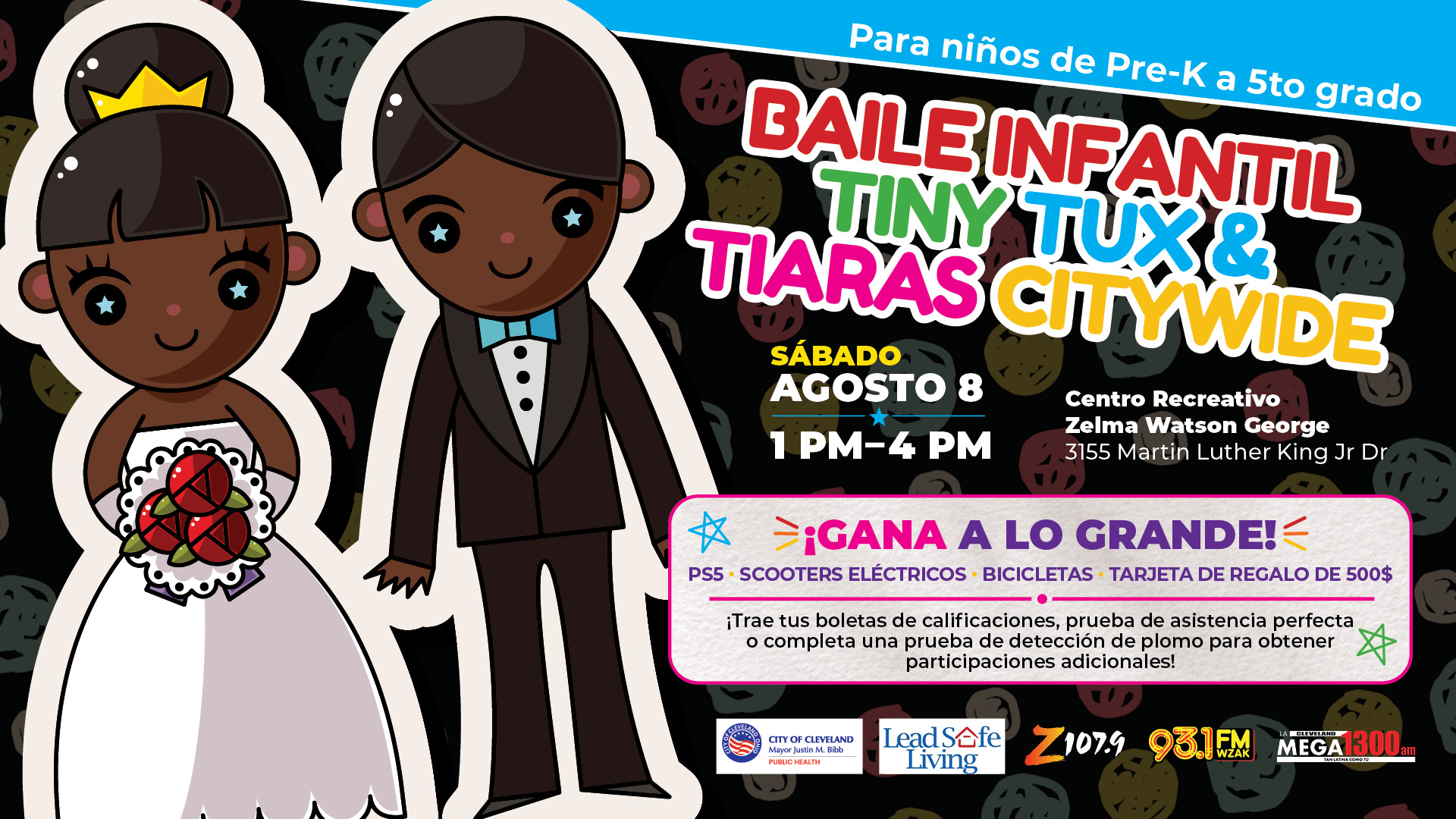 Poster advertising a "Baile Infantil Tiny Tux & Tiaras Citywide" event for pre-K to 5th grade students, featuring illustrations of a young boy and girl in formal attire.