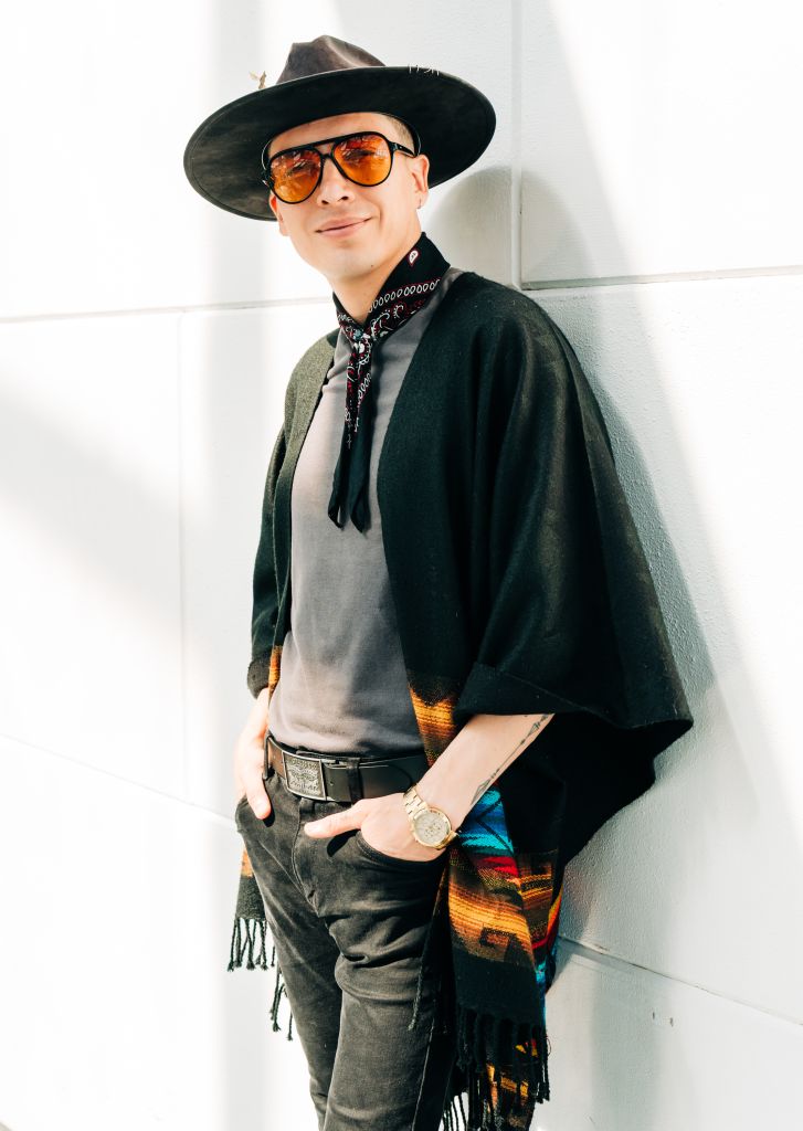 A person wearing a black hat, sunglasses, and a black and gray outfit standing in front of a white wall.