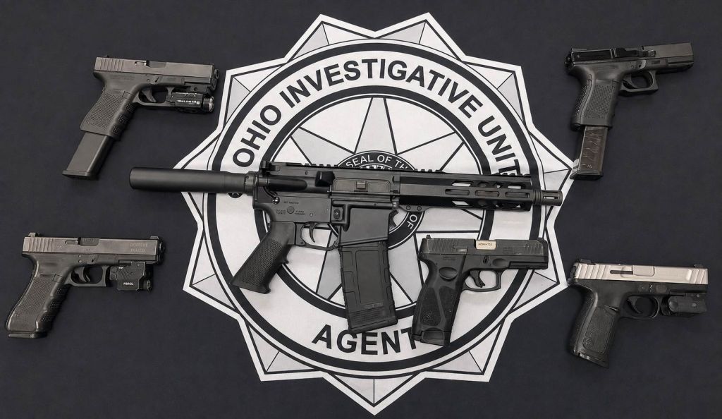 Assorted firearms and a badge for the Ohio Investigative Unit, a law enforcement agency, against a black background.