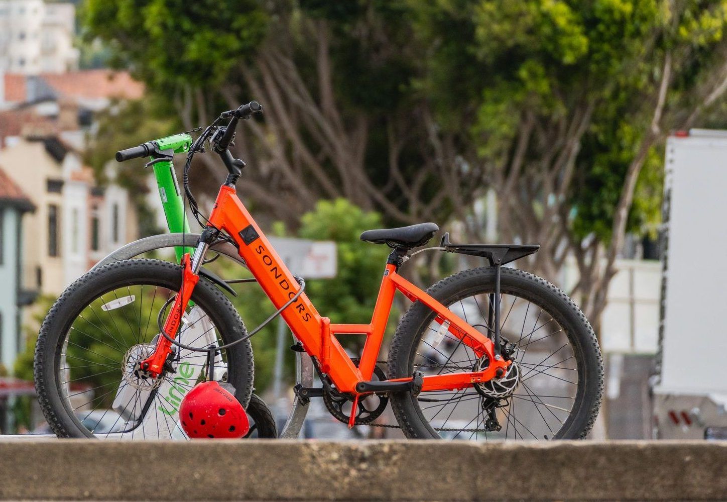 colorful electric bikes in urban setting